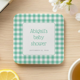 Mint Grönt Gingham Check Rustic Baby Shower Underlägg Papper Kvadrat