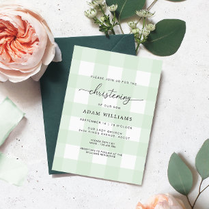 Mint Grönt Gingham Christening-inbjudan Inbjudningar