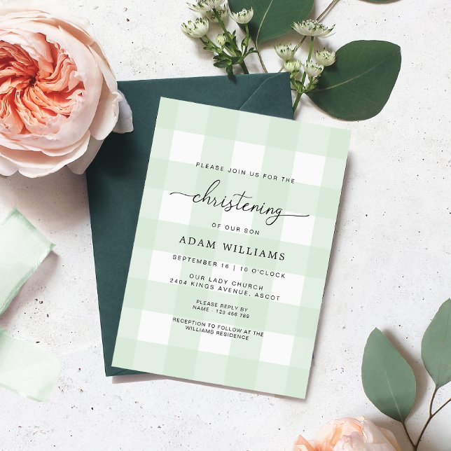 Mint Grönt Gingham Christening-inbjudan Inbjudningar (Skapare uppladdad)
