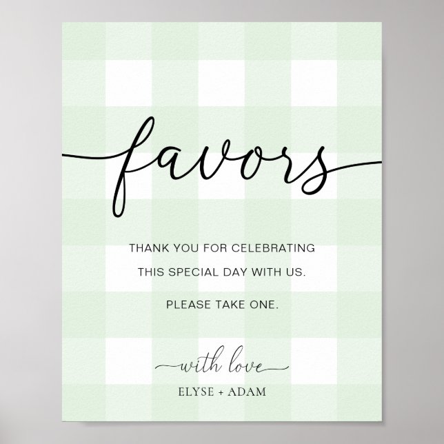 Mint Grönt Gingham Favors Sign Poster (Framsidan)