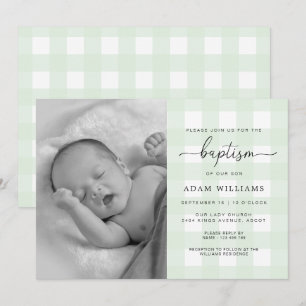 Mint Grönt Gingham Photo Baptism-inbjudan Inbjudningar