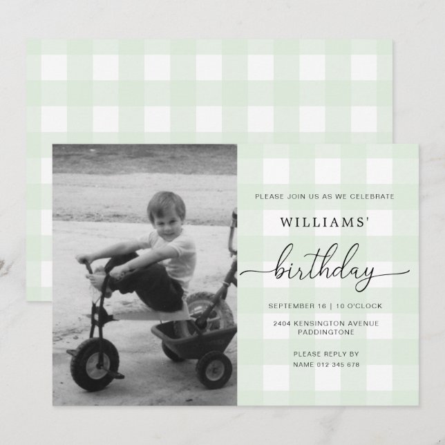 Mint Grönt Gingham Photo Birthday-inbjudan Inbjudningar (Fram/baksida)