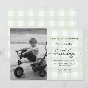 Mint Grönt Gingham Photo Birthday-inbjudan Inbjudningar