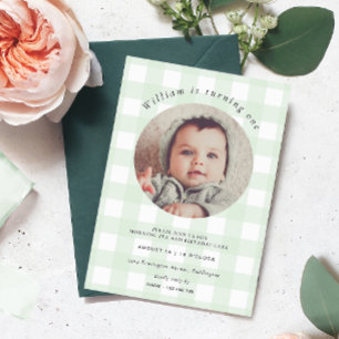 Mint Grönt Gingham Photo Birthday Inbjudningar