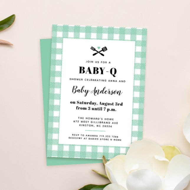 Mint Grönt Gingham Play Baby Shower BBQ Inbjudningar (Skapare uppladdad)