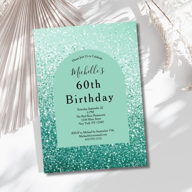 Mint Grönt Glitter Glam Bling 60:e födelsedagen Inbjudningar (Mint Green Glitter 60th ( or any year ) birthday invitation for her. Glam Bling. Printed or Digital)