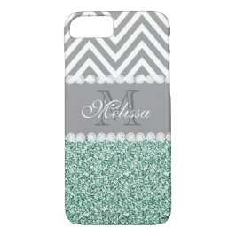 MINT GRÖNT GLITTER, GRÅTT CHEVRON, MONOGRAMMED