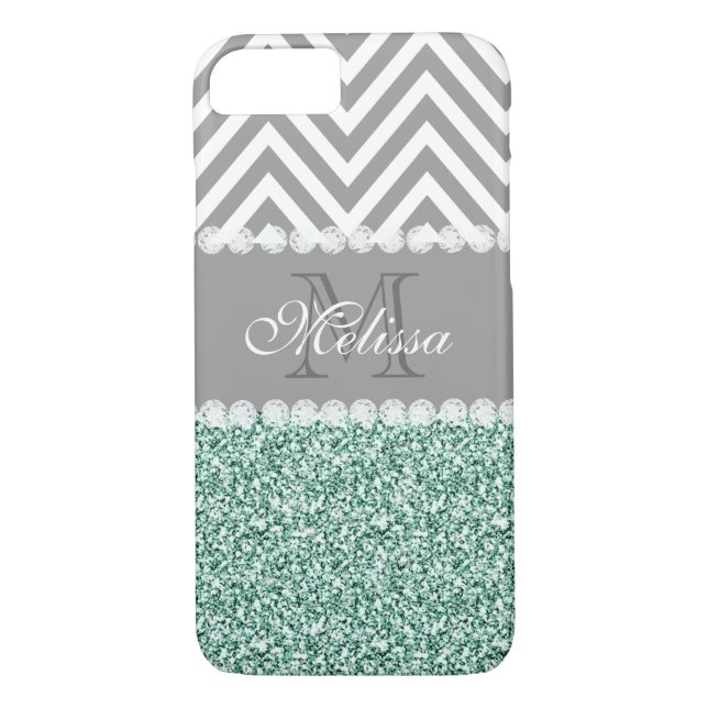 MINT GRÖNT GLITTER, GRÅTT CHEVRON, MONOGRAMMED Case-Mate iPhone SKAL (Baksida)