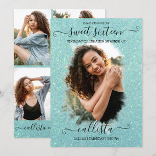 Mint Grönt Glitter Halo Photo Collage Sweet 16 Inbjudningar