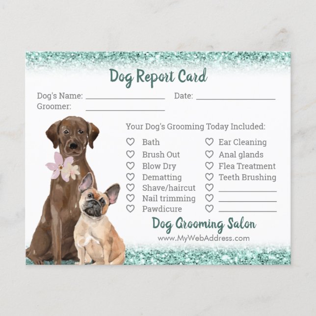 Mint Grönt Glitter Hund Grooming Report Card Flyer (Framsidan)