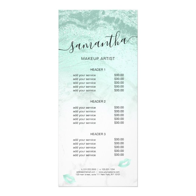 Mint grönt glitter läppar marble makeup artist reklamkort (Framsidan)