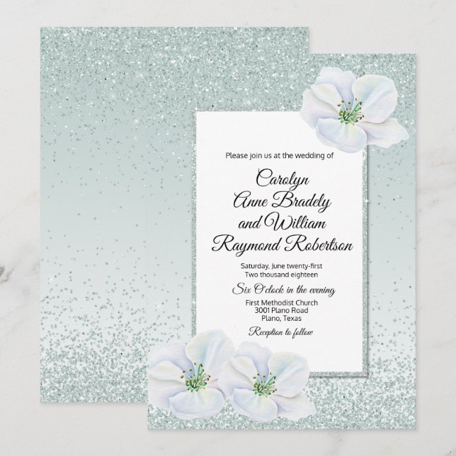 Mint Grönt Glitter och Flowers bröllopsinbjudan Inbjudningar (Fram/baksida)