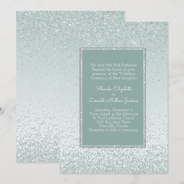 Mint Grönt Glitter och Shine Wedding bjudande Inbjudningar (Fram/baksida)