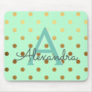 Mint Grönt & Gold Foil Polka dots Monogram Namn Musmatta