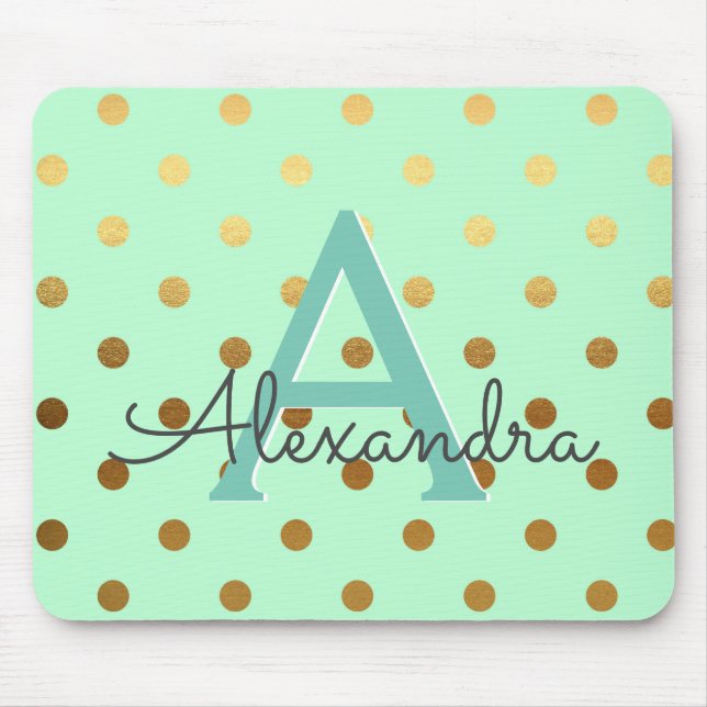 Mint Grönt & Gold Foil Polka dots Monogram Namn Musmatta (Framsidan)