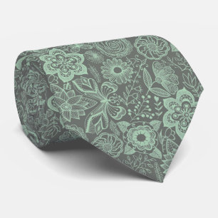 Mint-Grönt & Grått Blommigt Snöre Mönster Slips