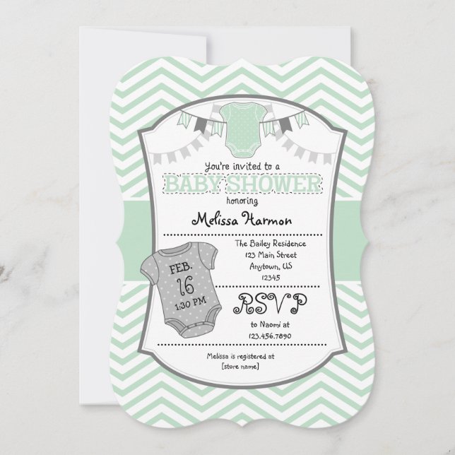 Mint Grönt Grått Chevron Baby Shower-inbjudan Inbjudningar (Framsida)