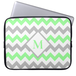 Mint Grönt Grått Chevron Mönster Monogram Laptop Fodral