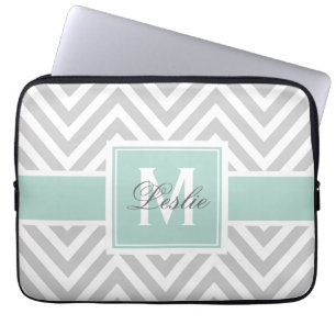 MINT GRÖNT, GRÅTT CHEVRON MÖNSTER PERSONLIG LAPTOP SLEEVE