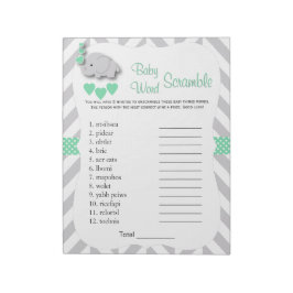 Mint Grönt & Grått Elephant Baby Shower Ord Game Anteckningsblock