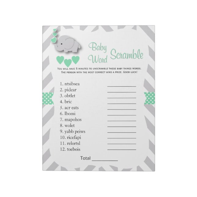 Mint Grönt & Grått Elephant Baby Shower Ord Game Anteckningsblock (Roterad)