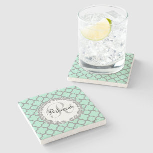 Mint Grönt Grått Quatrefoil Namn Monogrammed Lau Stenunderlägg
