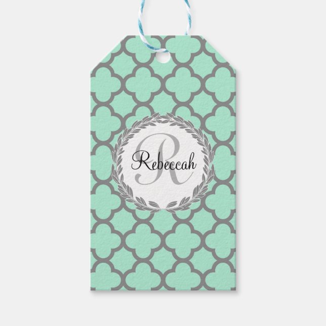 Mint Grönt Grått Quatrefoil Namn Monogrammed Laure Presentetikett (Framsidan)