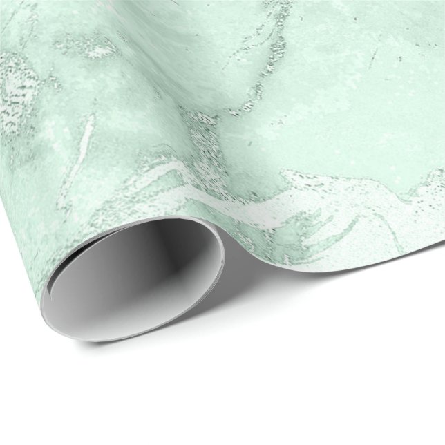 Mint Grönt Grått Silver Pastel Marble Molten Metal Presentpapper (Rullad Hörn)