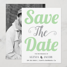 Mint-grönt, grått-typografi och foto på baksidan spara datumet