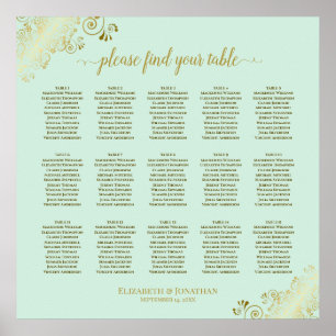 Mint Grönt & Guld 15 Bord Bröllop sätesdiagram Poster