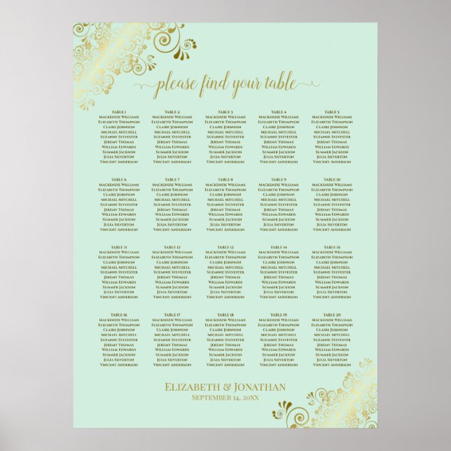 Mint Grönt & Guld 20 Bord Bröllop sätesdiagram Poster (Framsidan)