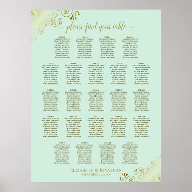 Mint Grönt & Guld 23 sätesdiagram för Bord Bröllop Poster (Framsidan)