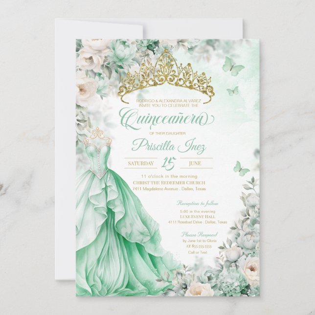 Mint Grönt Guld Butterfly Princess Quinceañera Inbjudningar (Framsida)