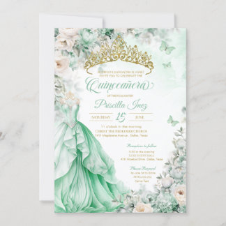 Mint Grönt Guld Butterfly Princess Quinceañera Inbjudningar