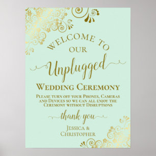 Mint Grönt & Guld Chic Unplugged Bröllop Ceremony Poster