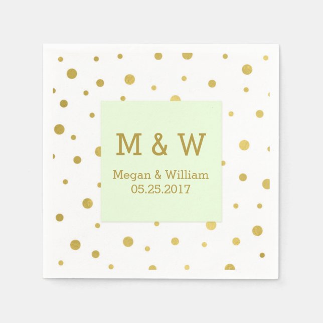 Mint Grönt Guld Confetti Bröllop Monogram Pappersservett (Framsidan)