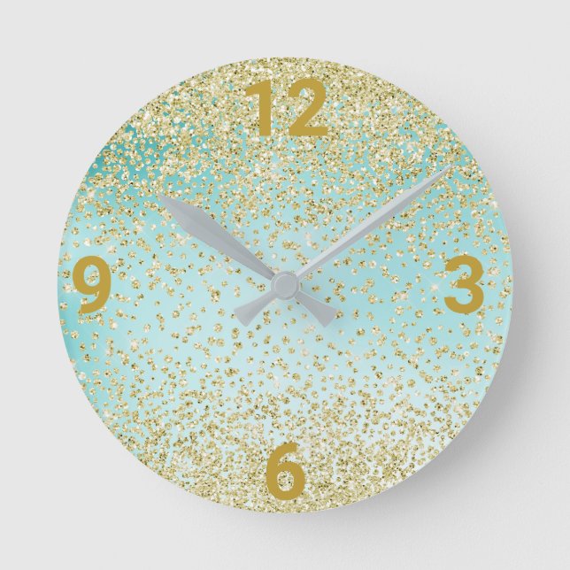 Mint Grönt Guld Crystal Modern Wall Clock Rund Klocka (Framsida)