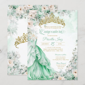 Mint Grönt Guld Elegant Princess Quinceañera Inbjudningar
