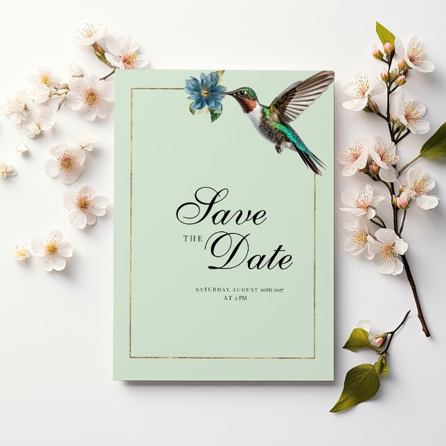 Mint grönt guld färgfull hummingbird Spara datum Inbjudningar (Mint green gold colorful hummingbird Save The Date)