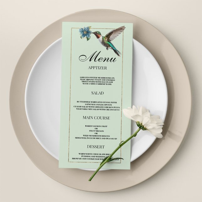 Mint grönt guld, färglös Bröllop Menu Program (Mint green gold colorful hummingbird Wedding Menu)