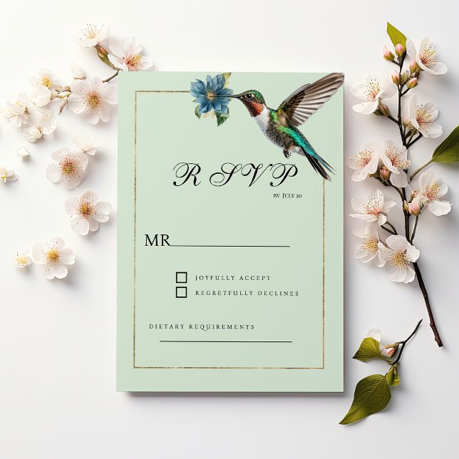 Mint grönt guld färglös OSA av hummingbird Inbjudningar (Mint green gold colorful hummingbird RSVP)