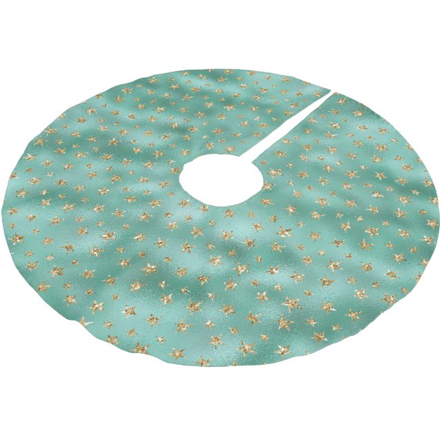 Mint Grönt Guld Glam Glitter Stars Julgransmatta Borstad Polyester (Vinklad)