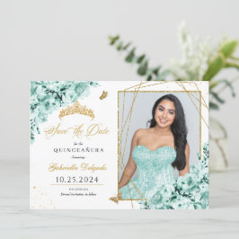 Mint Grönt & Guld Quinceañera Spara datumfoto Inbjudningar