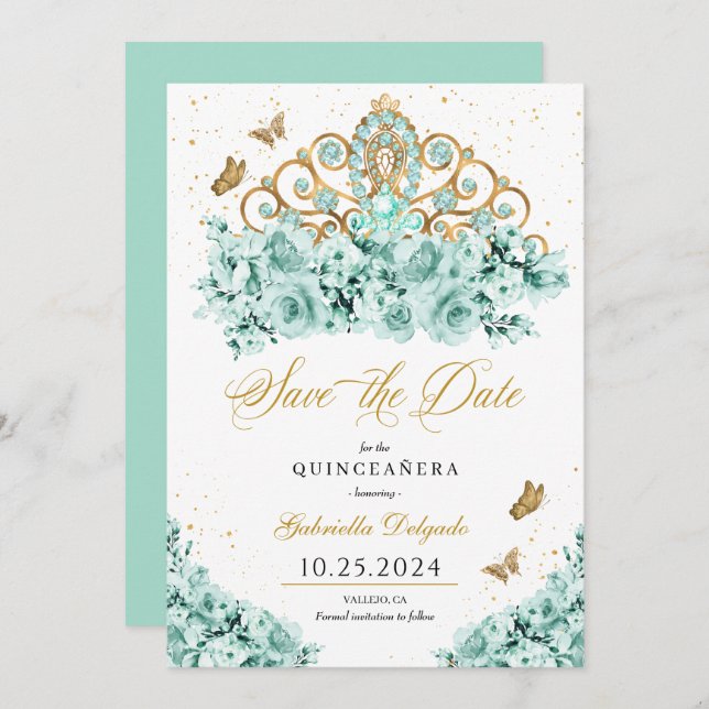 Mint Grönt & Guld Tiara Spara datumet Quinceañera Inbjudningar (Fram/baksida)