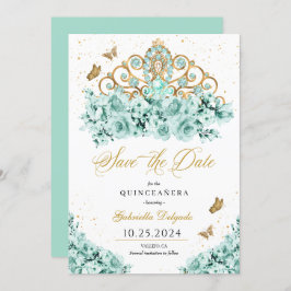 Mint Grönt & Guld Tiara Spara datumet Quinceañera Inbjudningar