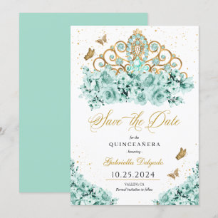 Mint Grönt & Guld Tiara Spara datumet Quinceañera Inbjudningar