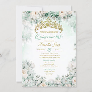 Mint Grönt & Guld Watercolor Blommigt Quinceañera Inbjudningar