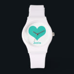 Mint Grönt Heart - Personlig Namn Watch Armbandsur<br><div class="desc">Grafisk design av ett mitt grönt hjärta på en vit bakgrund. Du kan anpassa klockan med din egen namn.</div>