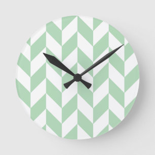 Mint Grönt Herringbone Mönster Rund Klocka