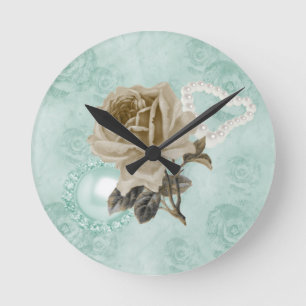 Mint Grönt Ivory Ro Pearls Heart RoundWallClock Rund Klocka